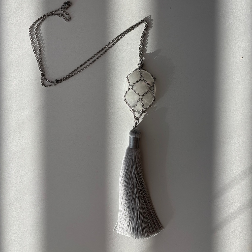 Chic Bean design Necklace of Quartz Stone With Grey Tassel